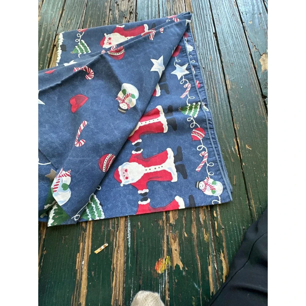 Vintage Christmas Santa Snowman Blue Table Runner Folk Art Holiday Decor